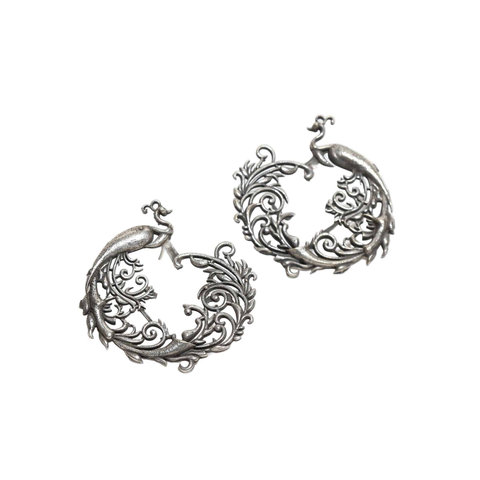 Bindhani-Oxidised-Silver-Layered-Feather-Dangler-Peacock-Earrings