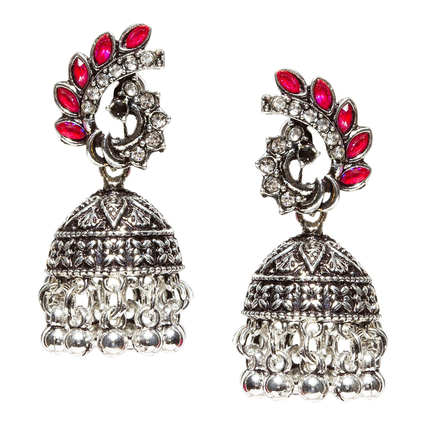 Bindhani-Oxidised-Silver-Plated-Dark-Pink-Stone-and-Beads-Jhumka-Earrings-For-Women-Girls