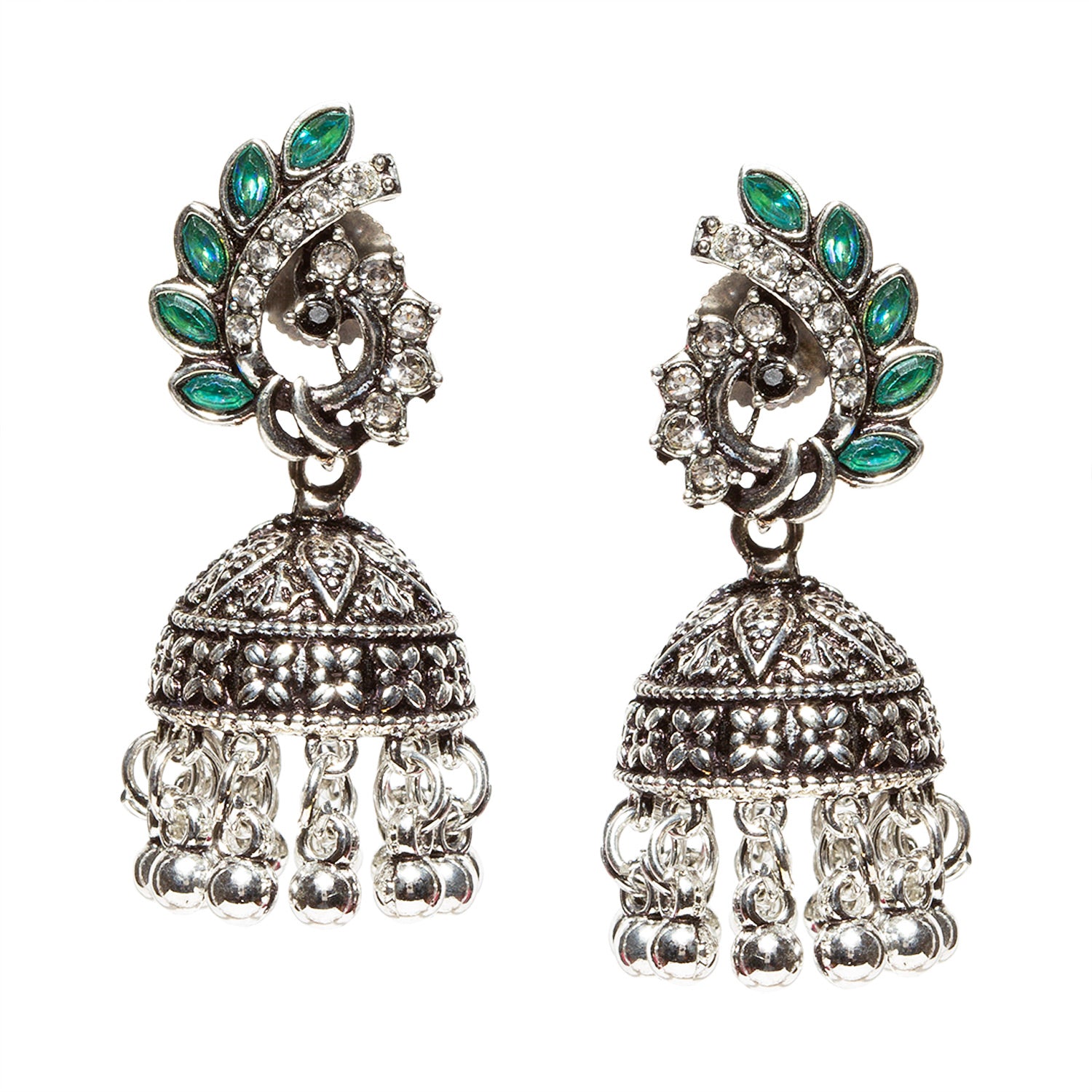 Bindhani-Oxidised-Silver-Plated-Green-Stone-and-Beads-Jhumka-Earrings-For-Women-Girls