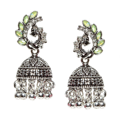 Bindhani-Oxidised-Silver-Plated-Parrot-Green-Stone-and-Beads-Jhumka-Earrings-For-Women-Girls