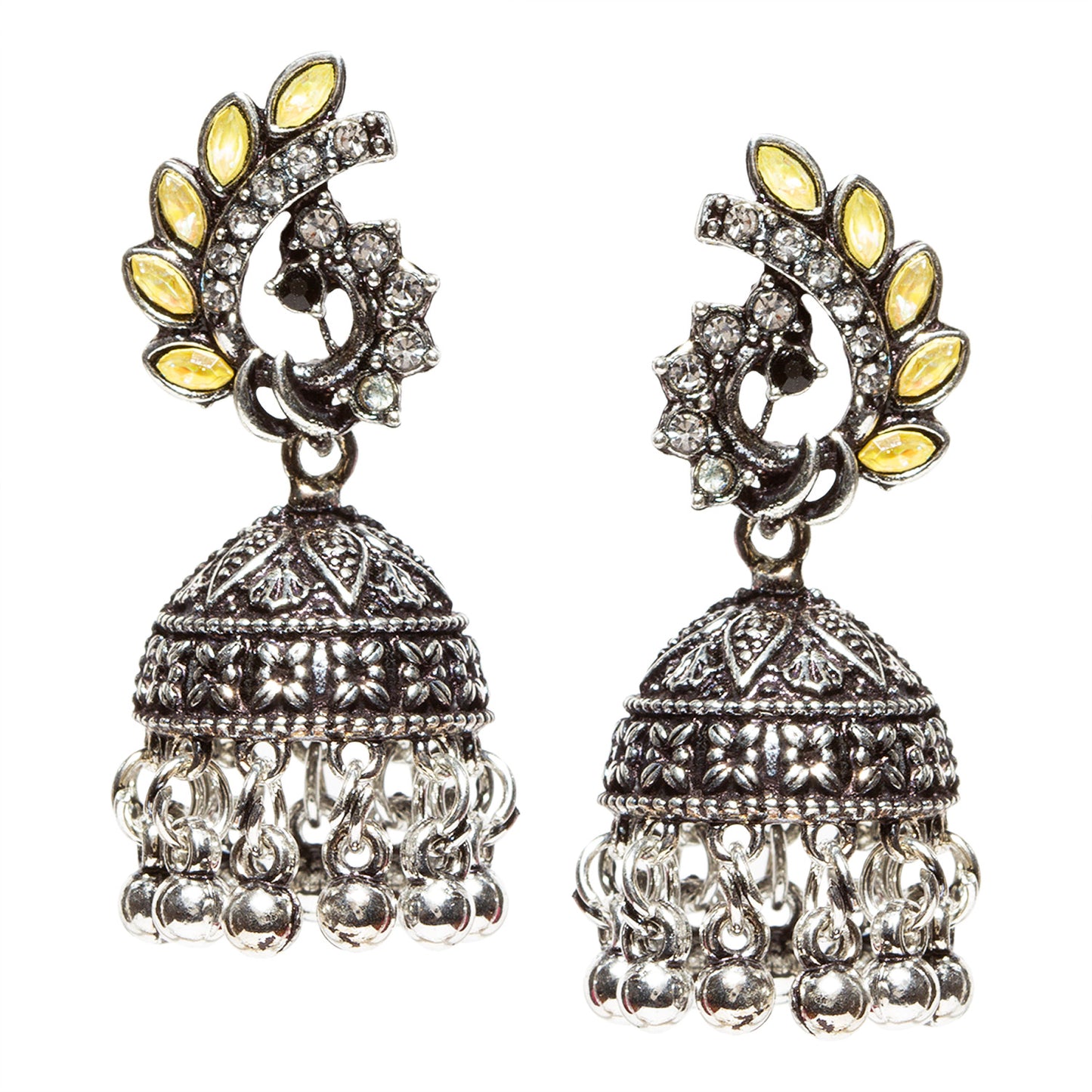 Bindhani-Oxidised-Silver-Plated-Yellow-Stone-and-Beads-Jhumka-Earrings-For-Women-Girls