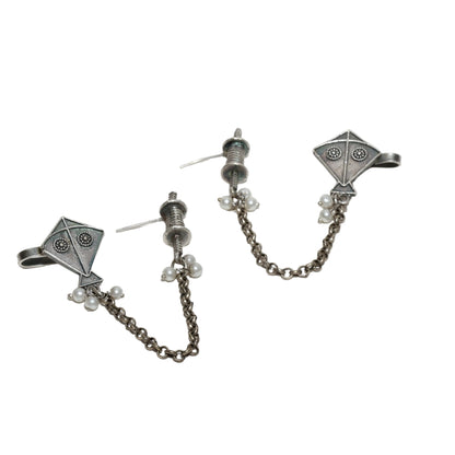 Bindhani-Oxidized-Silver-Chain-Ear-Cuff-Earrings