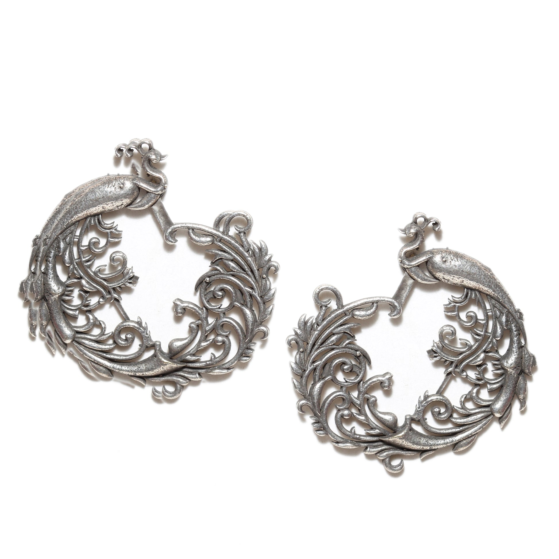 Bindhani-Oxidized-Silver-Layered-Feather-Dangler-Peacock-Earrings