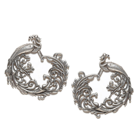 Bindhani-Oxidized-Silver-Layered-Feather-Dangler-Peacock-Earrings