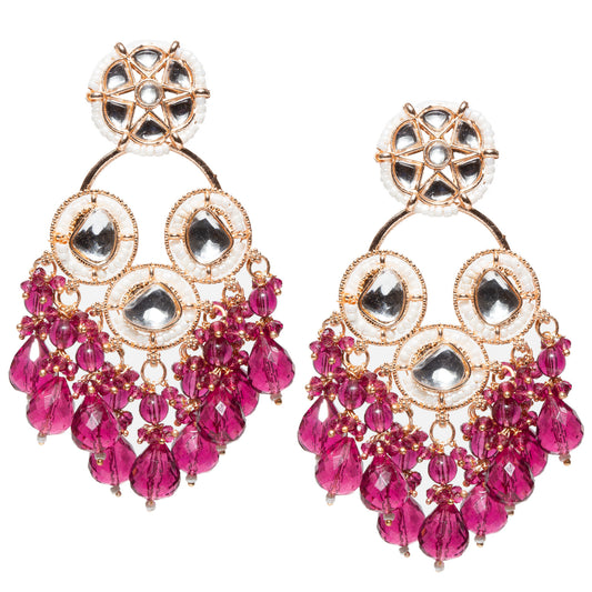 Bindhani rose gold-plated long chandelier earrings featuring floral mirror studs, pear and heart-shaped mirror accents with white kundan stone borders, curved enamel detailing, and cascading purple wine faceted teardrop and round bead danglers. Elegant traditional ethnic earrings ideal for weddings, festive occasions, and party wear.