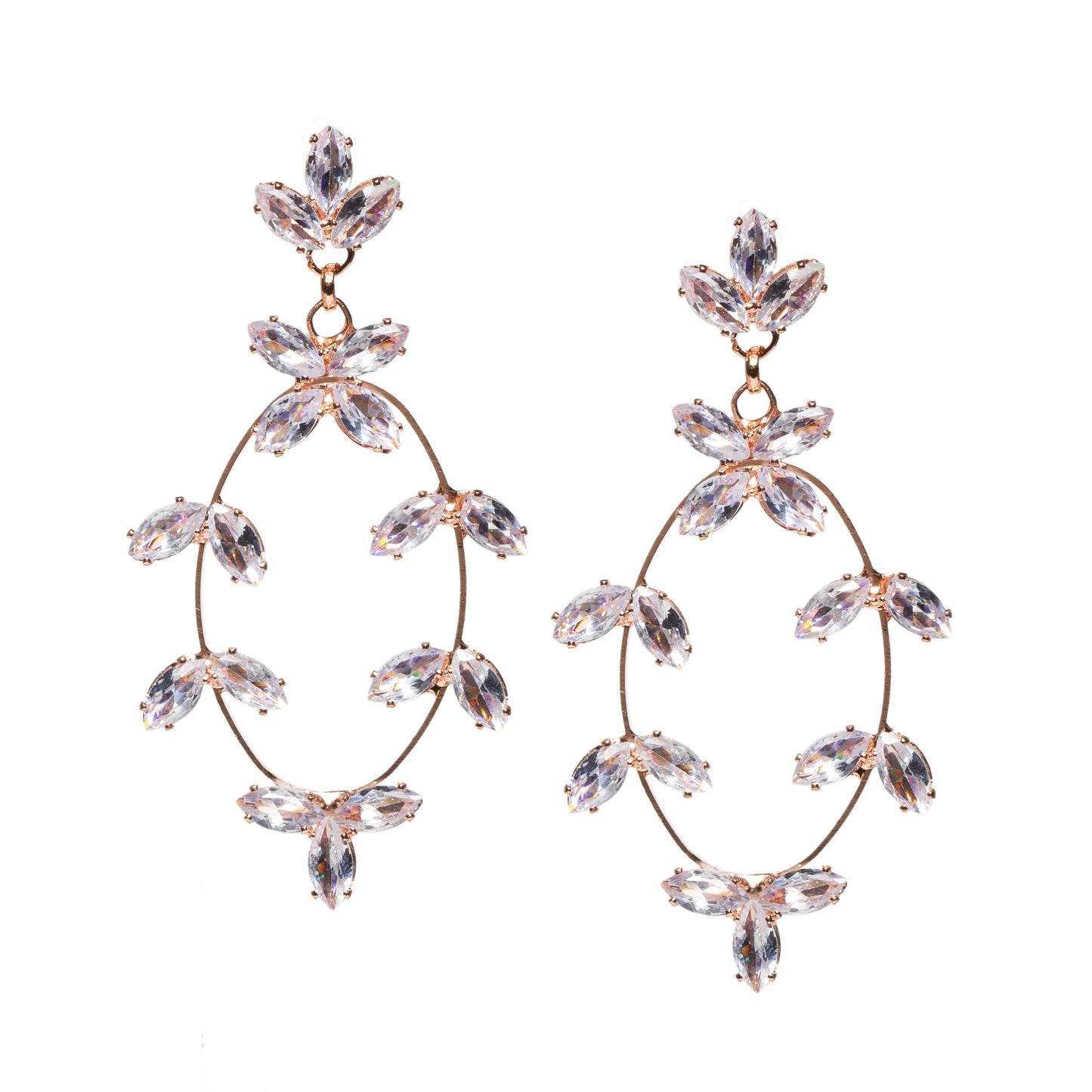 Pair of rose gold-plated oval earrings for women featuring sparkling marquise-cut clear stones arranged in floral cluster patterns. The design has an openwork structure with a delicate, elegant finish, combining a silver-tone base with rose gold plating for a refined and festive look.