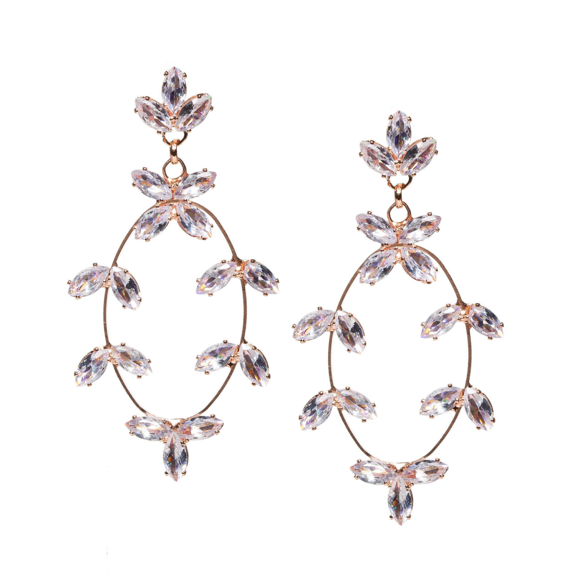 Pair of rose gold-plated oval earrings for women featuring sparkling marquise-cut clear stones arranged in floral cluster patterns. The design has an openwork structure with a delicate, elegant finish, combining a silver-tone base with rose gold plating for a refined and festive look.