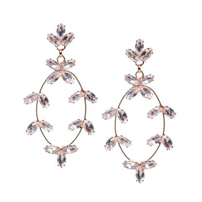 Pair of rose gold-plated oval earrings for women featuring sparkling marquise-cut clear stones arranged in floral cluster patterns. The design has an openwork structure with a delicate, elegant finish, combining a silver-tone base with rose gold plating for a refined and festive look.