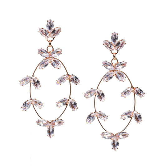 Pair of rose gold-plated oval earrings for women featuring sparkling marquise-cut clear stones arranged in floral cluster patterns. The design has an openwork structure with a delicate, elegant finish, combining a silver-tone base with rose gold plating for a refined and festive look.