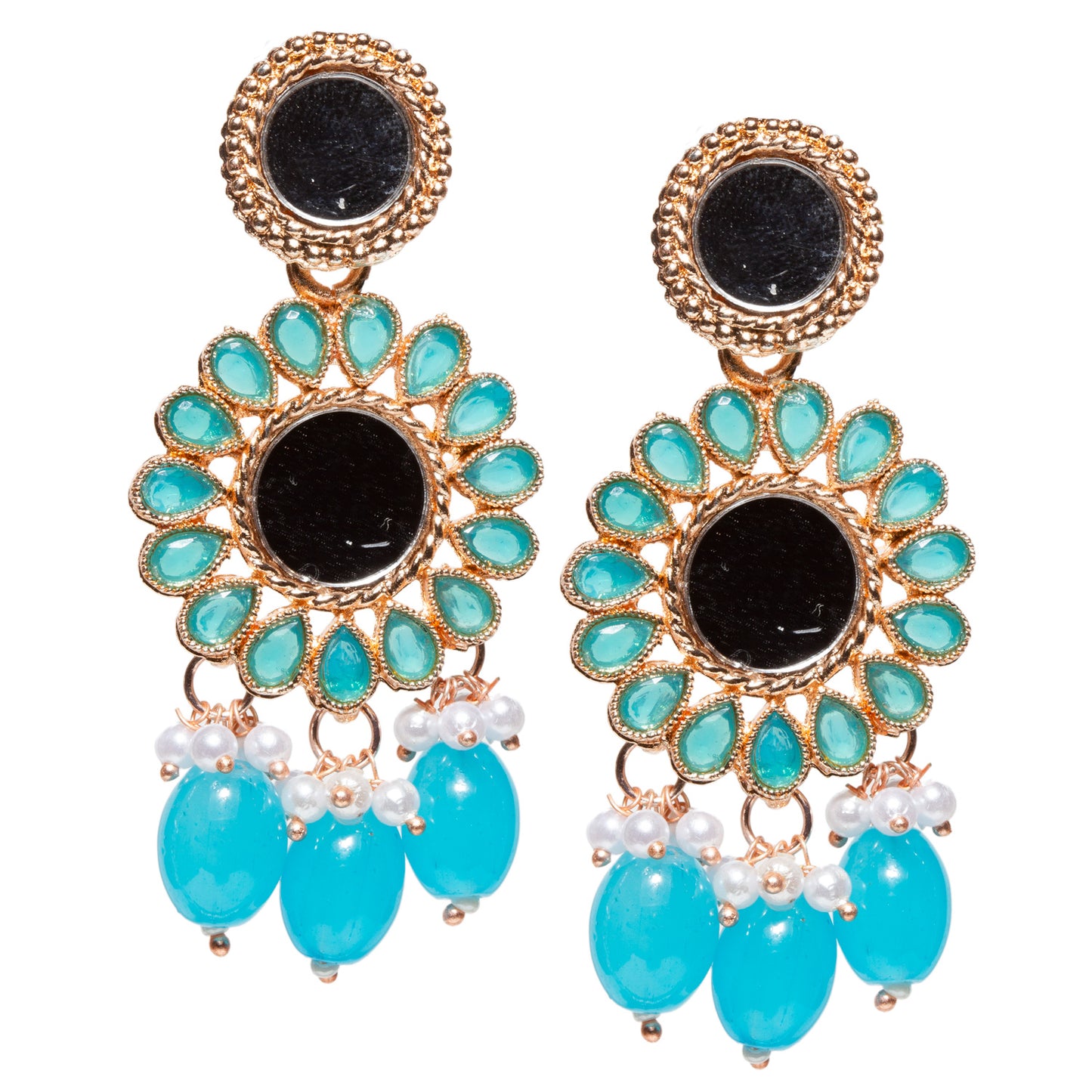 Bindhani-Rose-Gold-Plated-Firozi-Color-Drop-Mirror-Earrings-For-Women-and-Girls
