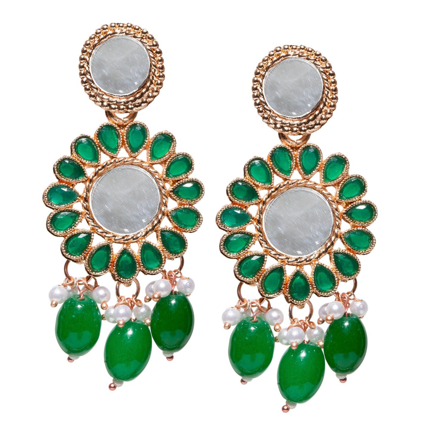 Bindhani-Rose-Gold-Plated-Green-Color-Drop-Mirror-Earrings-For-Women-and-Girls