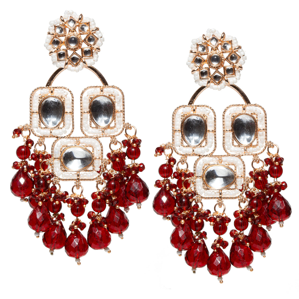 Bindhani rose gold-plated long chandelier earrings featuring mirror-style Kundan stones in a floral design, delicate white bead accents, and cascading maroon faceted teardrop and crystal bead danglers. These traditional ethnic statement earrings are perfect for weddings, festive occasions, and party wear.