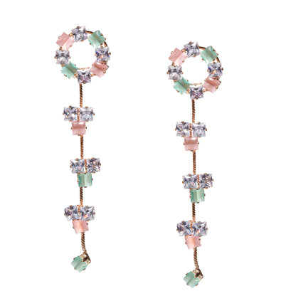 Rose Gold-Plated Multicolor AD Stone Long Dangle Earrings