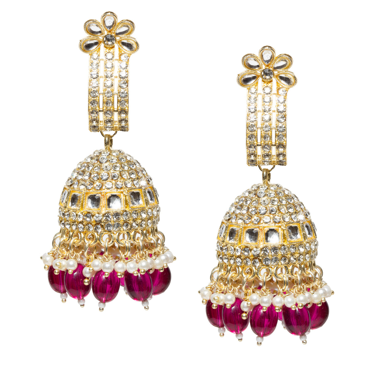 Enhance your ethnic look with these elegant Bindhani Gold Plated purple wine  Pearl Drop Jhumka Earrings. Crafted with a luxurious gold-plated finish, these statement earrings feature a beautifully embellished dome-shaped jhumka adorned with shimmering crystal stones and white kundan mirror-inspired accents. The intricate floral stud design seamlessly connects to the sparkling dome, while delicate purple wine white pearl drops create graceful movement and timeless charm.