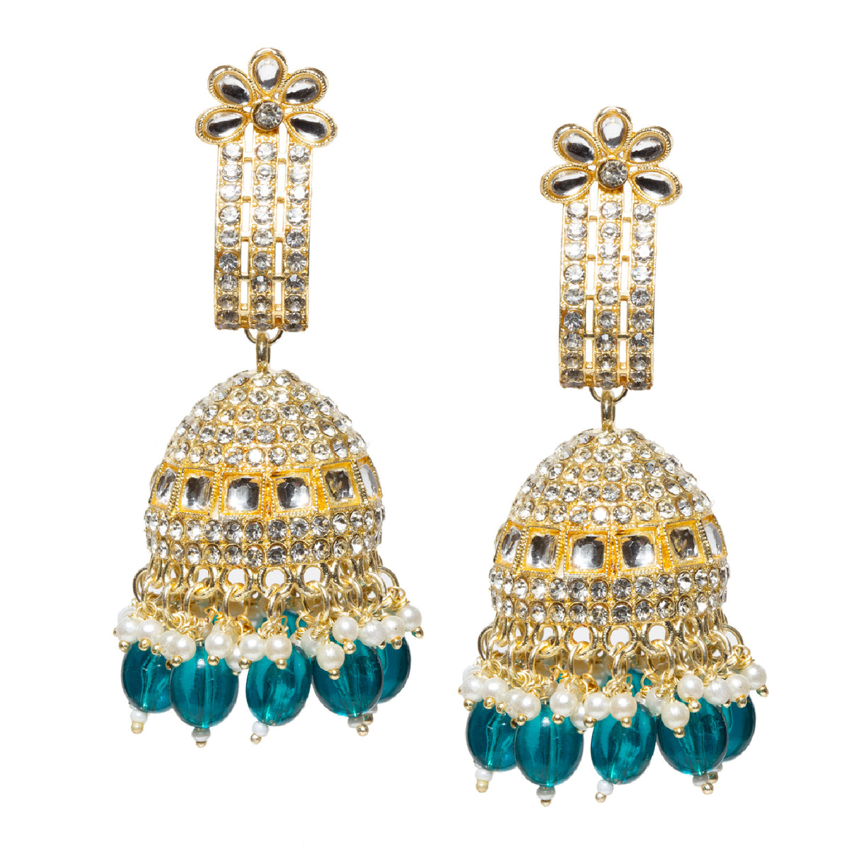 Enhance your ethnic look with these elegant Bindhani Gold Plated sea green Pearl Drop Jhumka Earrings. Crafted with a luxurious gold-plated finish, these statement earrings feature a beautifully embellished dome-shaped jhumka adorned with shimmering crystal stones and white kundan mirror-inspired accents. The intricate floral stud design seamlessly connects to the sparkling dome, while delicate sea green white pearl drops create graceful movement and timeless charm.