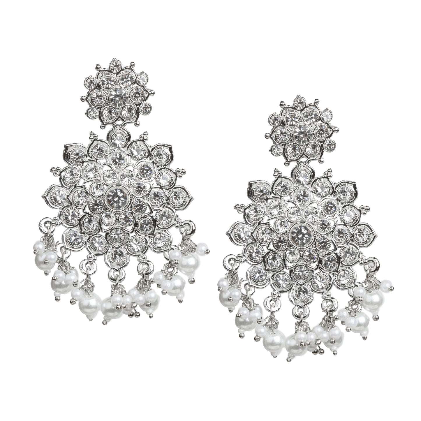 Bindhani silver-plated traditional earrings for women, featuring white stones and a dangling pearl drop in an intricate design.