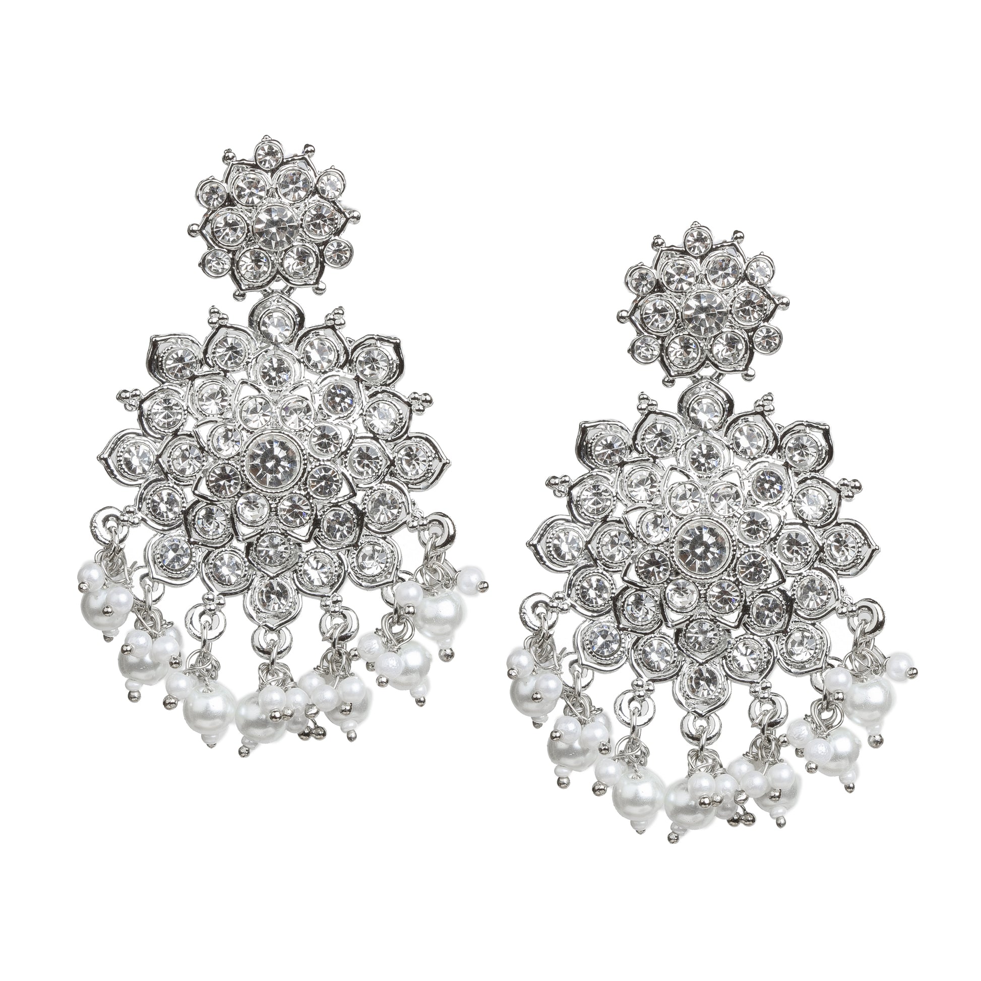 Bindhani silver-plated traditional earrings for women, featuring white stones and a dangling pearl drop in an intricate design.