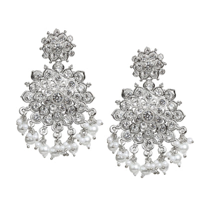 Bindhani silver-plated traditional earrings for women, featuring white stones and a dangling pearl drop in an intricate design.