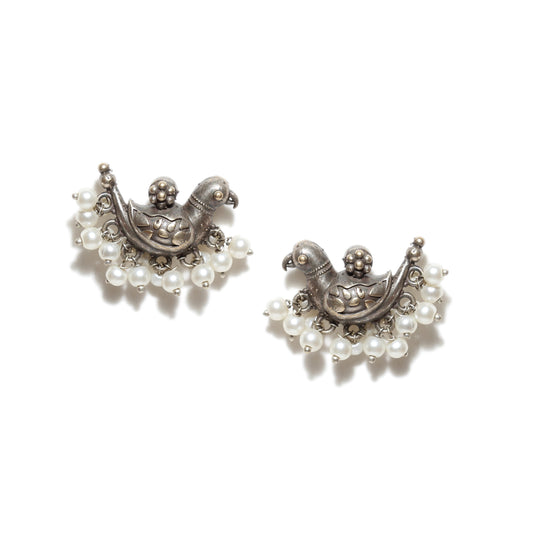 Stylish-Oxidized-Silver-Bird-Drop-Stud-Earrings-White-Beads-Earring