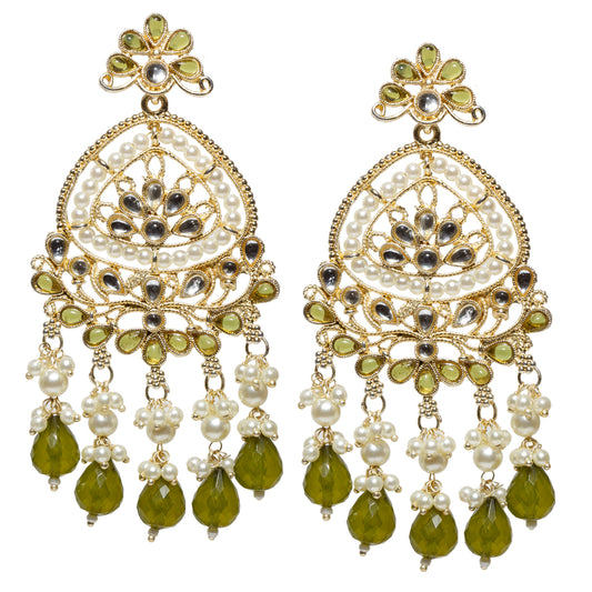 Front view of a pair of traditional Bindhani gold-plated chandbali earrings featuring a floral stud with six mehandi green petals surrounding a round style Kundan stone. The large crescent-shaped chandbali is adorned with intricate gold filigree, teardrop-shaped Kundan stones, and a double border of white faux pearls. The lower section is decorated with mehandi green petal motifs and additional white kundna stones. Five dangling clusters of green faux pearls end with faceted red teardrop beads,