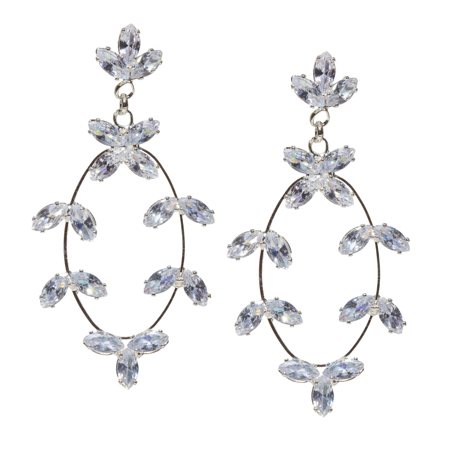 Pair of silver-tone oval earrings featuring sparkling marquise-cut clear stones arranged in floral clusters with an open erring design for women