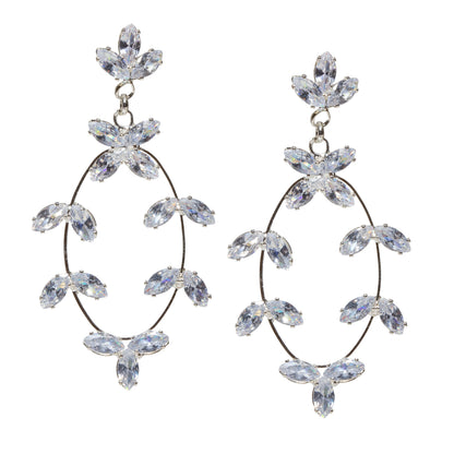 Pair of silver-tone oval earrings featuring sparkling marquise-cut clear stones arranged in floral clusters with an open erring design for women