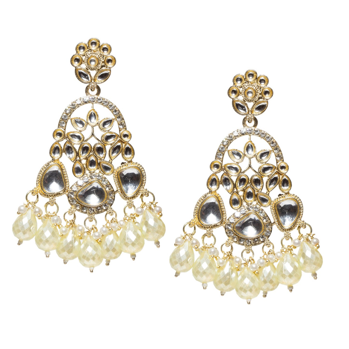 Bindhani Pair of gold-tone chandelier earrings featuring white kundan stones, floral detailing, and dangling white pearl drop beads in a traditional ethnic design for women.