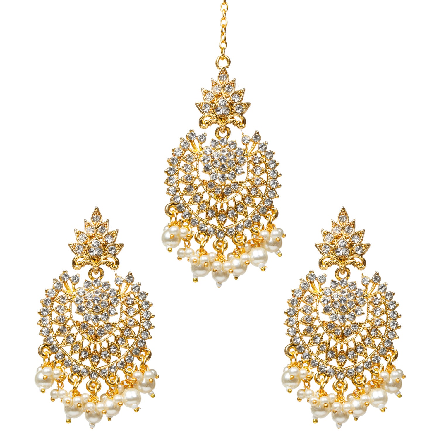 Bindhani gold-plated traditional Indian earrings tikka set  featuring an intricate ethnic design adorned with sparkling white stone detailing and elegant dangling pearl drop accents.showcase fine craftsmanship and a festive traditional style suitable for cultural and special occasions.