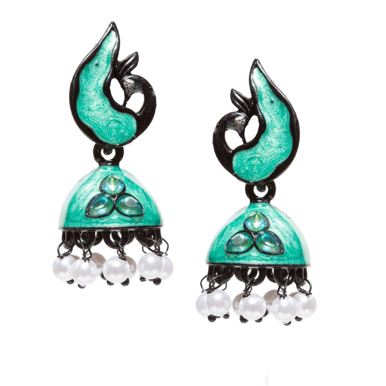 Bindhani-gold-plated-Beads-Stone-White-Meenakari-Peacock-Green-Small-Jhumki-women-girls-Teenage