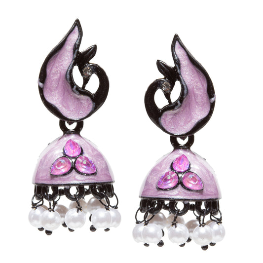 A pair of handcrafted dangling earrings displayed against a white background. Each earring features a black and purple enamel design with a stylized flame- or paisley-shaped top element. Below hangs a bell-shaped yellow dome accented with three iridescent teardrop-shaped stones arranged in a triangle. Several small white pearl-like beads dangle from the bottom, creating a traditional jhumka-style appearance. The earrings have a glossy finish and ornate black metal detailing.