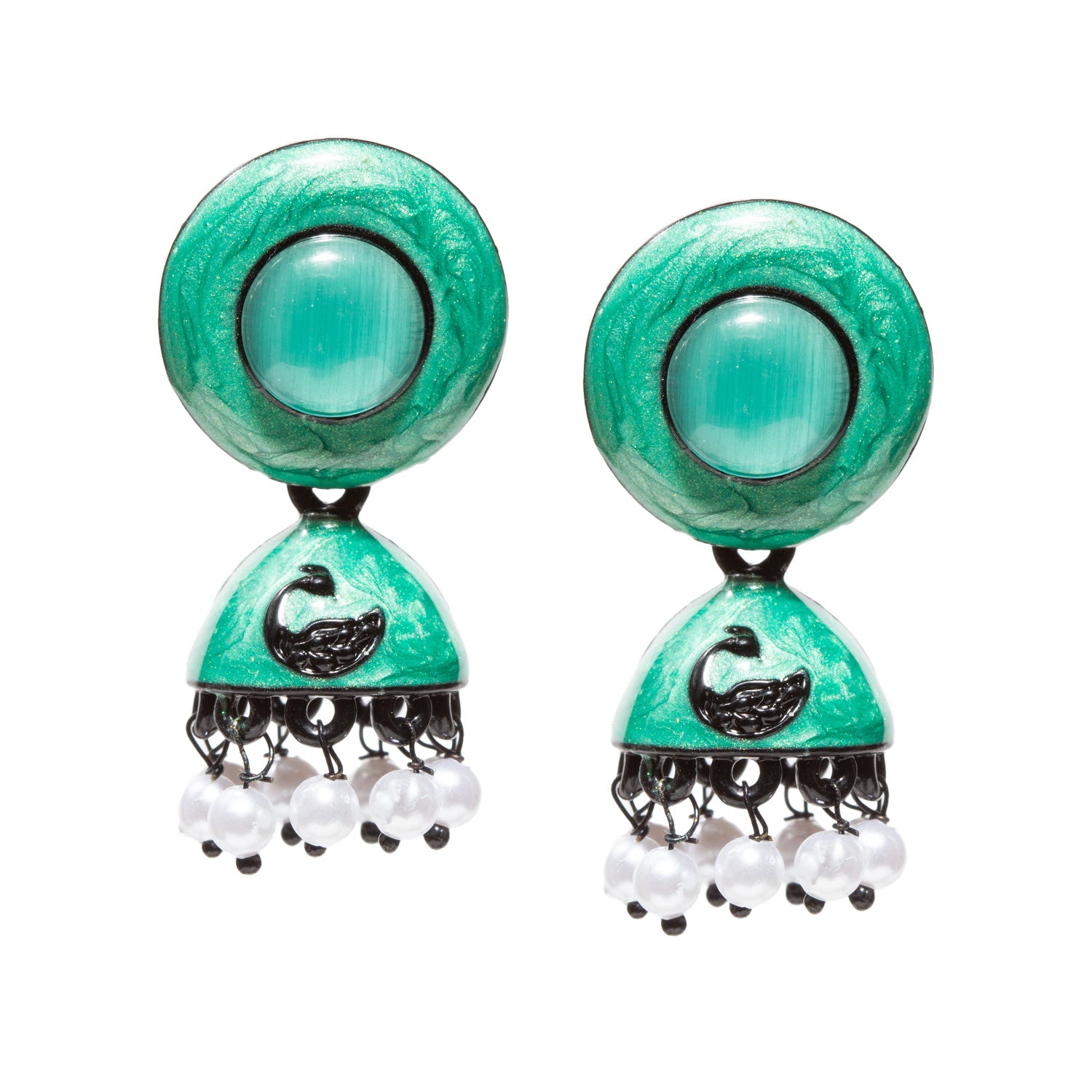 Bindhani-gold-plated-Beads-White-Meenakari-Green-Peacock-Small-Jhumki-women-girls