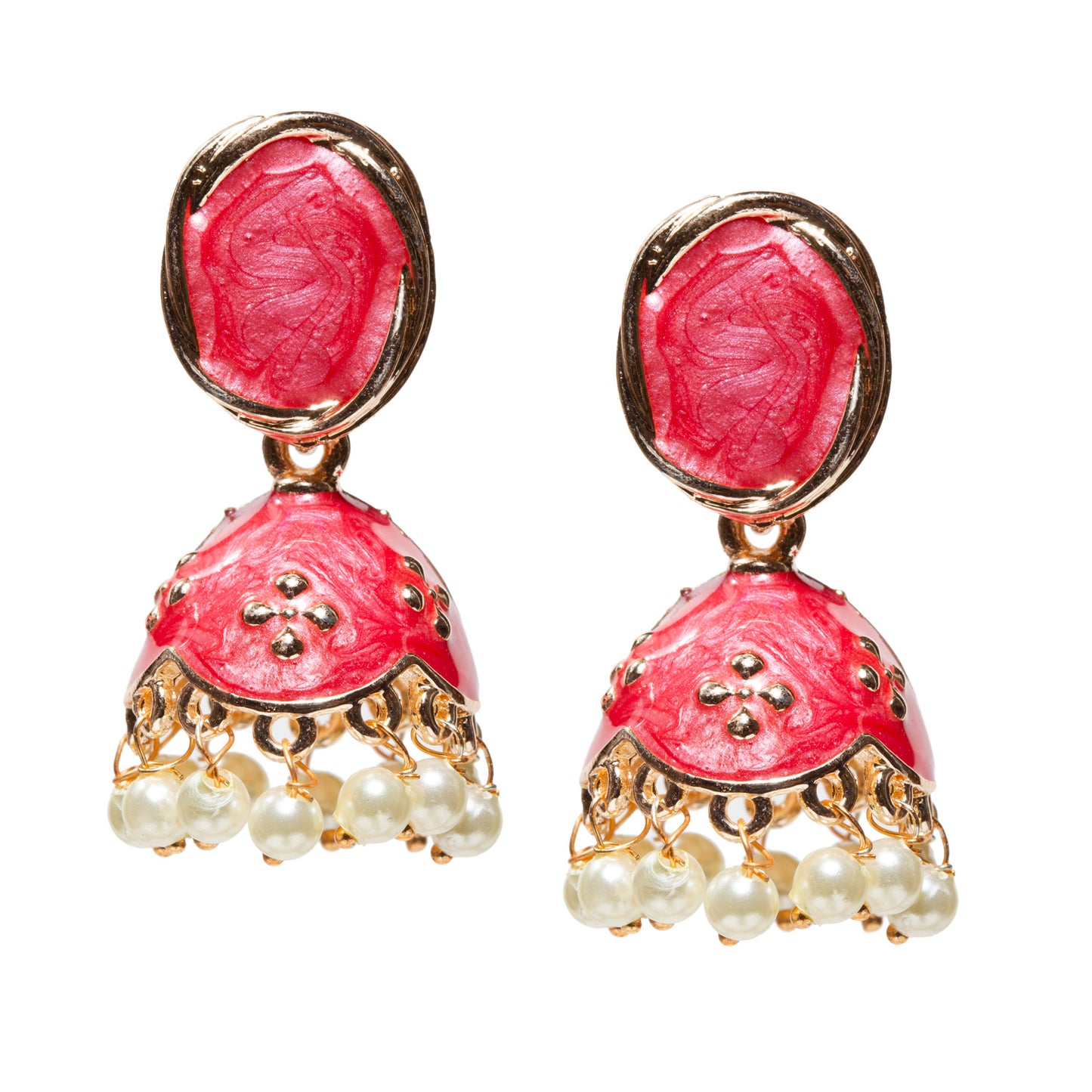 Bindhani-gold-plated-Beads-White-Meenakari-Red-Small-Jhumki-women-girls