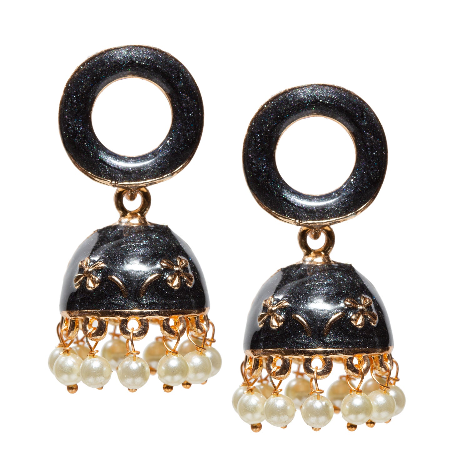Pair of traditional black jhumka earrings featuring a circular loop-style top and a domed bell-shaped base. The dome has gold-toned floral embossing with fine decorative detailing, giving it a handcrafted ethnic appearance. The lower edge is finished with evenly spaced pearl-like bead danglers attached through small gold-toned links, creating a delicate hanging effect and subtle movement. The design is vibrant, festive, and suitable for traditional wear.