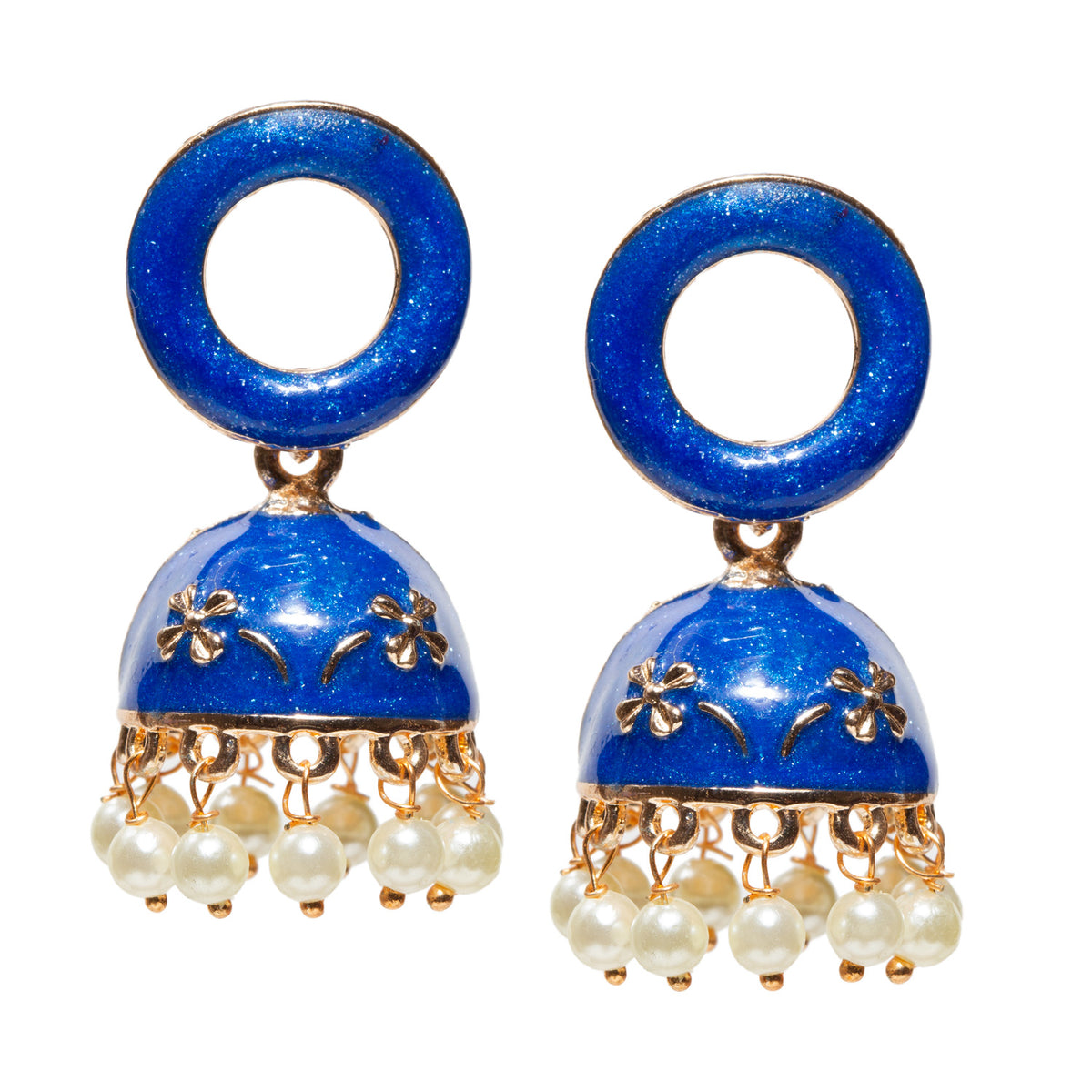 Pair of traditional blue jhumka earrings featuring a circular loop-style top and a domed bell-shaped base. The dome has gold-toned floral embossing with fine decorative detailing, giving it a handcrafted ethnic appearance. The lower edge is finished with evenly spaced pearl-like bead danglers attached through small gold-toned links, creating a delicate hanging effect and subtle movement. The design is vibrant, festive, and suitable for traditional wear.