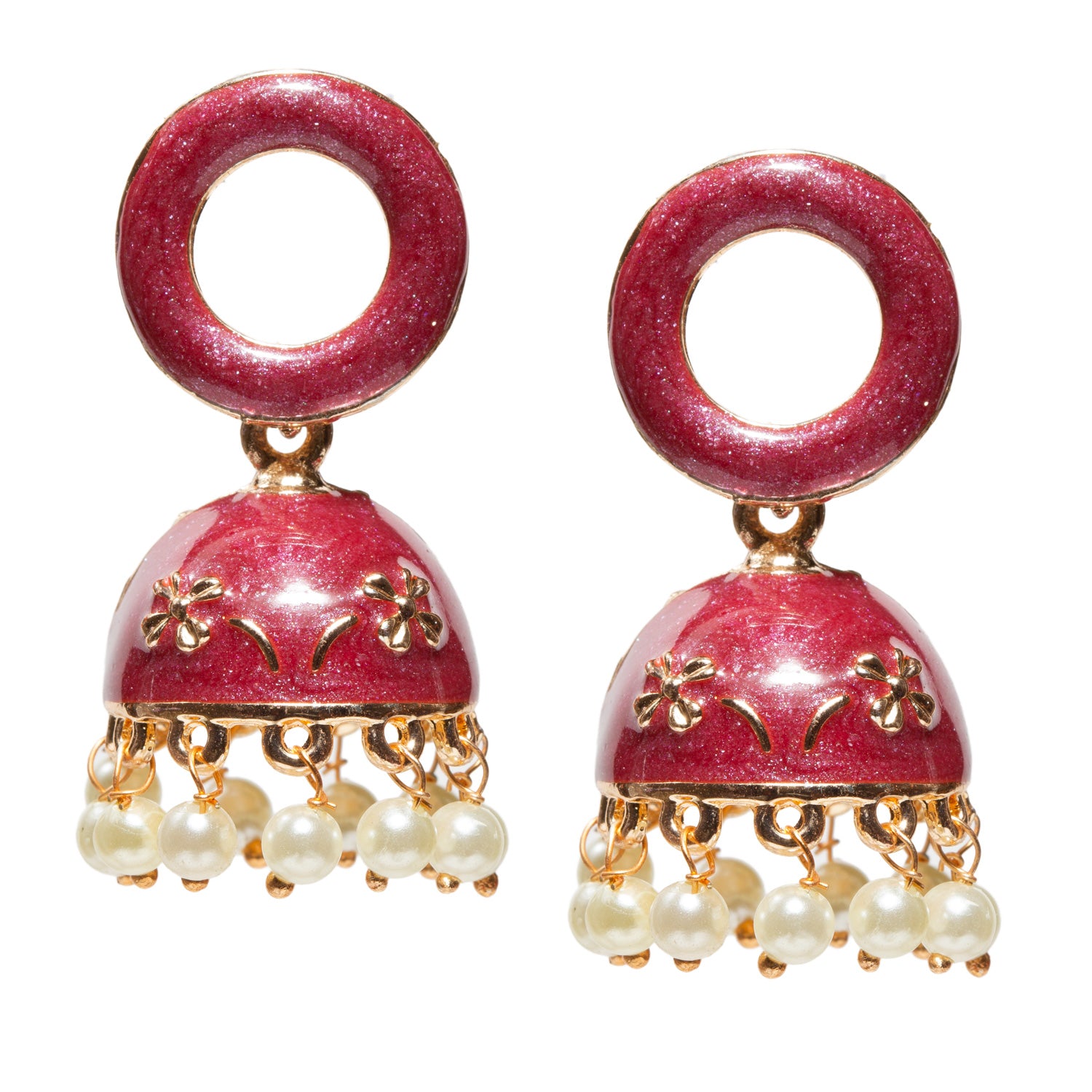 Pair of traditional maroon jhumka earrings featuring a circular loop-style top and a domed bell-shaped base. The dome has gold-toned floral embossing with fine decorative detailing, giving it a handcrafted ethnic appearance. The lower edge is finished with evenly spaced pearl-like bead danglers attached through small gold-toned links, creating a delicate hanging effect and subtle movement. The design is vibrant, festive, and suitable for traditional wear.