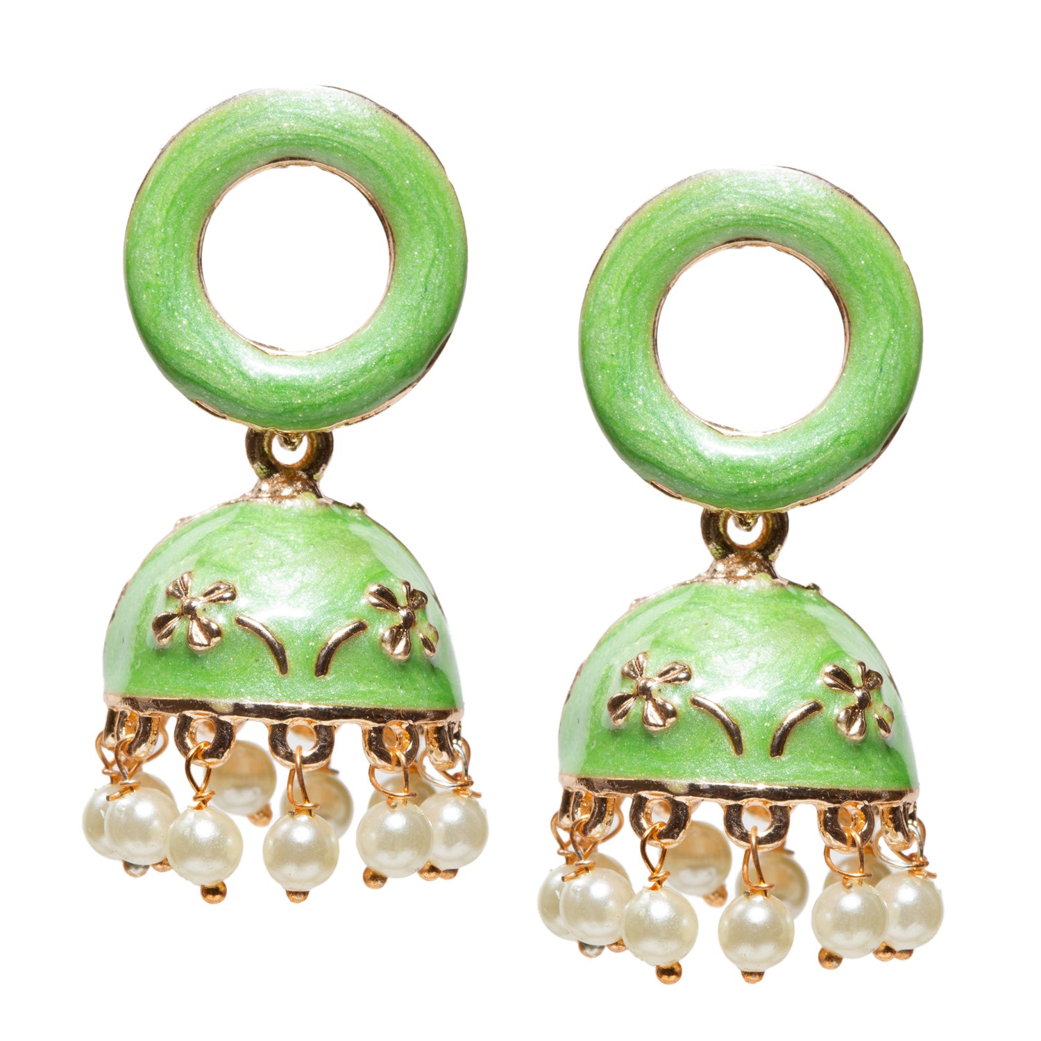 Pair of traditional mint green jhumka earrings featuring a circular loop-style top and a domed bell-shaped base. The dome has gold-toned floral embossing with fine decorative detailing, giving it a handcrafted ethnic appearance. The lower edge is finished with evenly spaced pearl-like bead danglers attached through small gold-toned links, creating a delicate hanging effect and subtle movement. The design is vibrant, festive, and suitable for traditional wear.