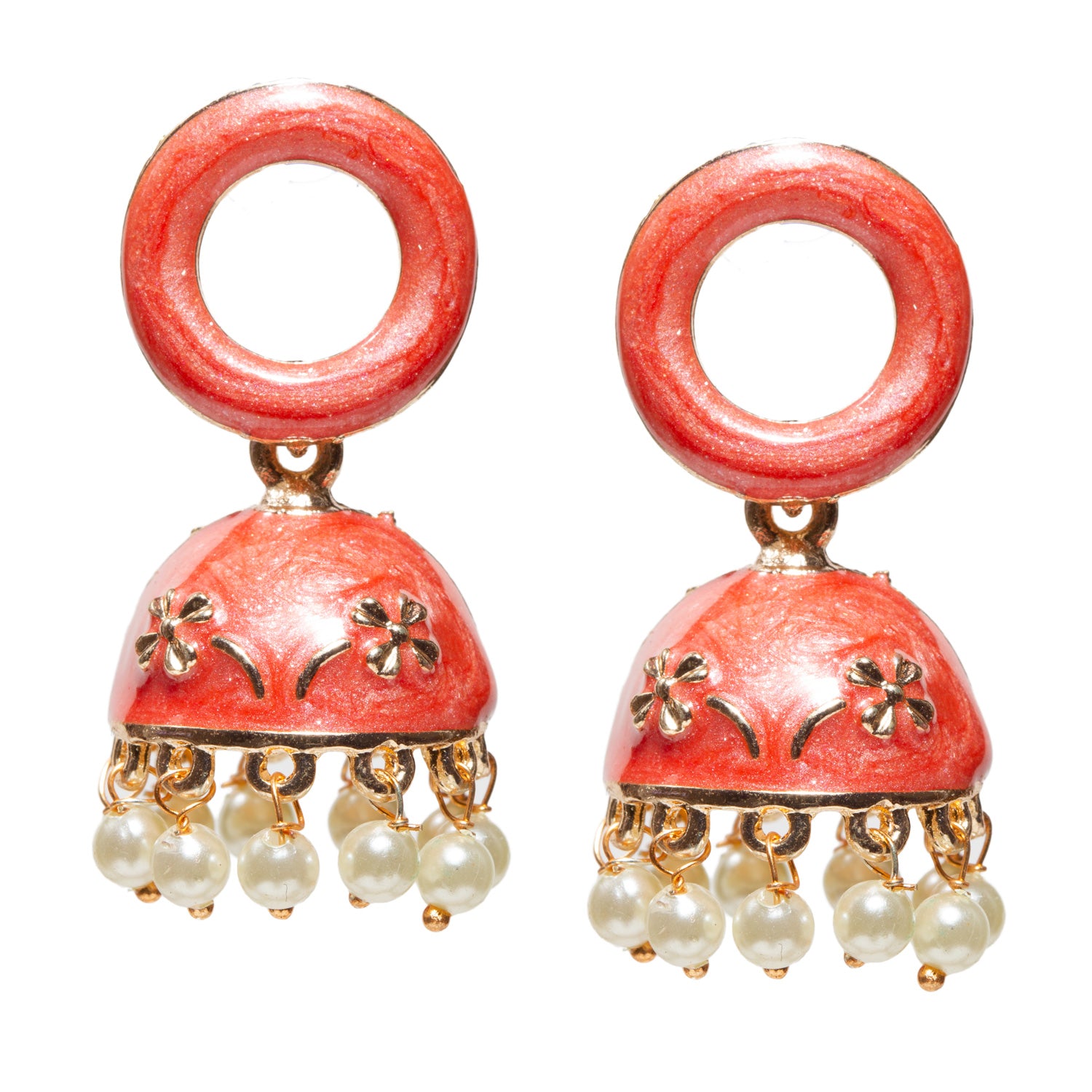 Pair of traditional orange jhumka earrings featuring a circular loop-style top and a domed bell-shaped base. The dome has gold-toned floral embossing with fine decorative detailing, giving it a handcrafted ethnic appearance. The lower edge is finished with evenly spaced pearl-like bead danglers attached through small gold-toned links, creating a delicate hanging effect and subtle movement. The design is vibrant, festive, and suitable for traditional wear.