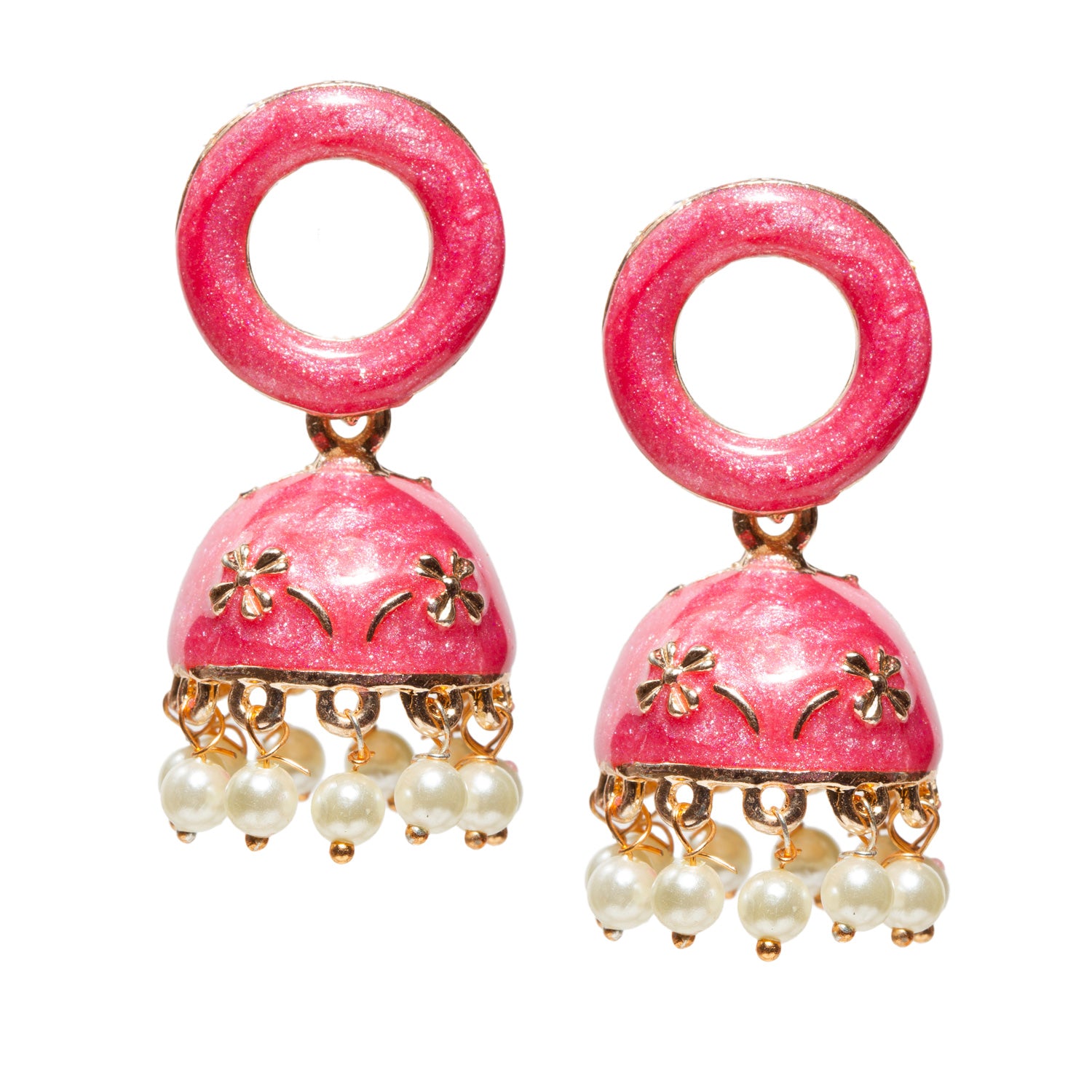 Pair of traditional pink jhumka earrings featuring a circular loop-style top and a domed bell-shaped base. The dome has gold-toned floral embossing with fine decorative detailing, giving it a handcrafted ethnic appearance. The lower edge is finished with evenly spaced pearl-like bead danglers attached through small gold-toned links, creating a delicate hanging effect and subtle movement. The design is vibrant, festive, and suitable for traditional wear.