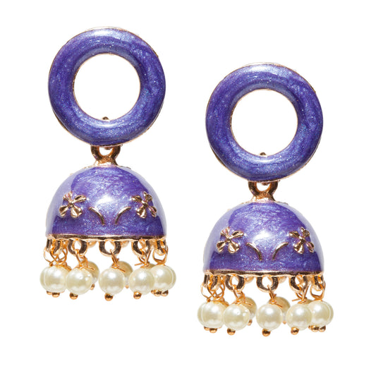 Pair of traditional purple jhumka earrings featuring a circular loop-style top and a domed bell-shaped base. The dome has gold-toned floral embossing with fine decorative detailing, giving it a handcrafted ethnic appearance. The lower edge is finished with evenly spaced pearl-like bead danglers attached through small gold-toned links, creating a delicate hanging effect and subtle movement. The design is vibrant, festive, and suitable for traditional wear.