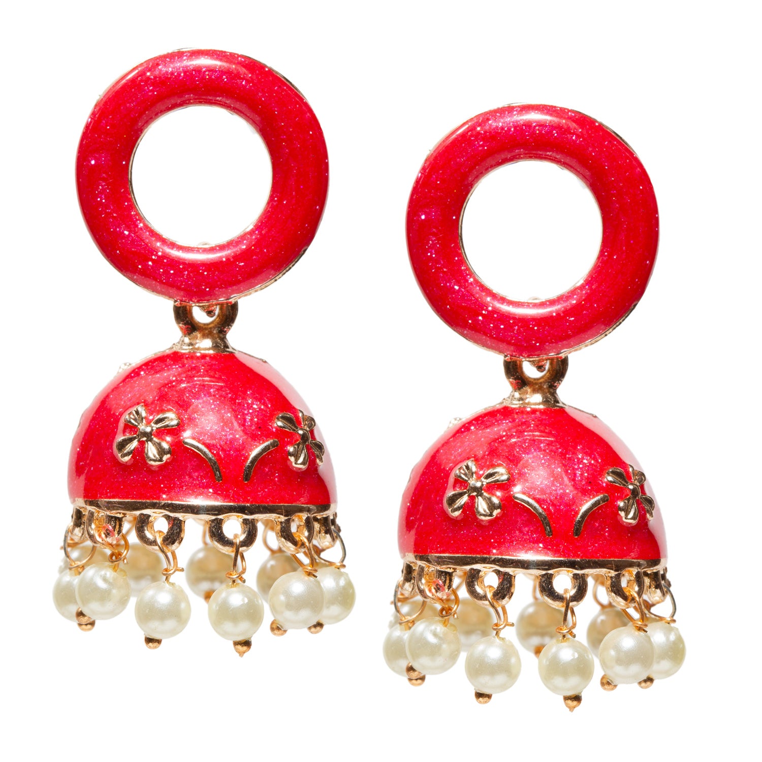 Pair of traditional red jhumka earrings featuring a circular loop-style top and a domed bell-shaped base. The dome has gold-toned floral embossing with fine decorative detailing, giving it a handcrafted ethnic appearance. The lower edge is finished with evenly spaced pearl-like bead danglers attached through small gold-toned links, creating a delicate hanging effect and subtle movement. The design is vibrant, festive, and suitable for traditional wear.