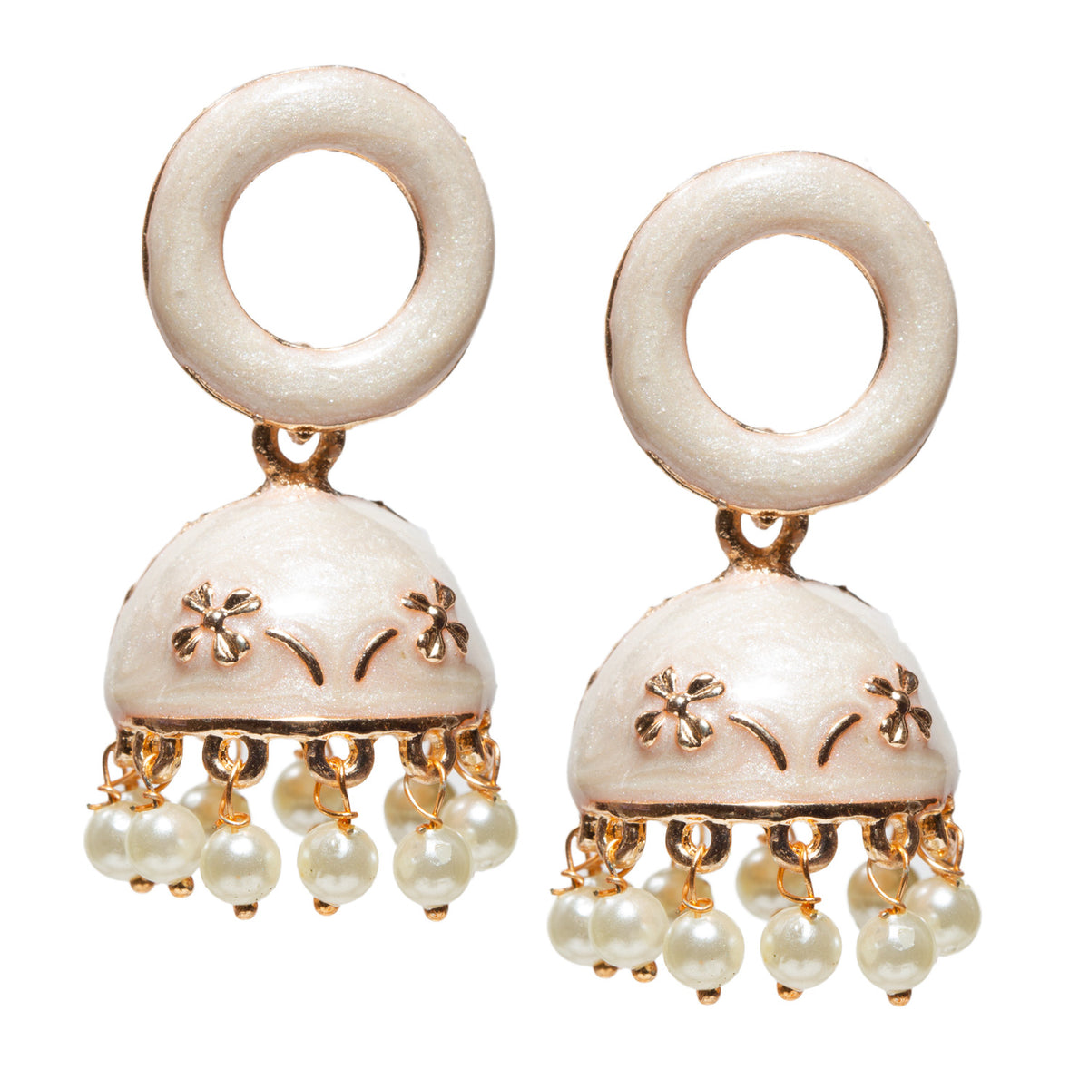 Pair of traditional white jhumka earrings featuring a circular loop-style top and a domed bell-shaped base. The dome has gold-toned floral embossing with fine decorative detailing, giving it a handcrafted ethnic appearance. The lower edge is finished with evenly spaced pearl-like bead danglers attached through small gold-toned links, creating a delicate hanging effect and subtle movement. The design is vibrant, festive, and suitable for traditional wear.