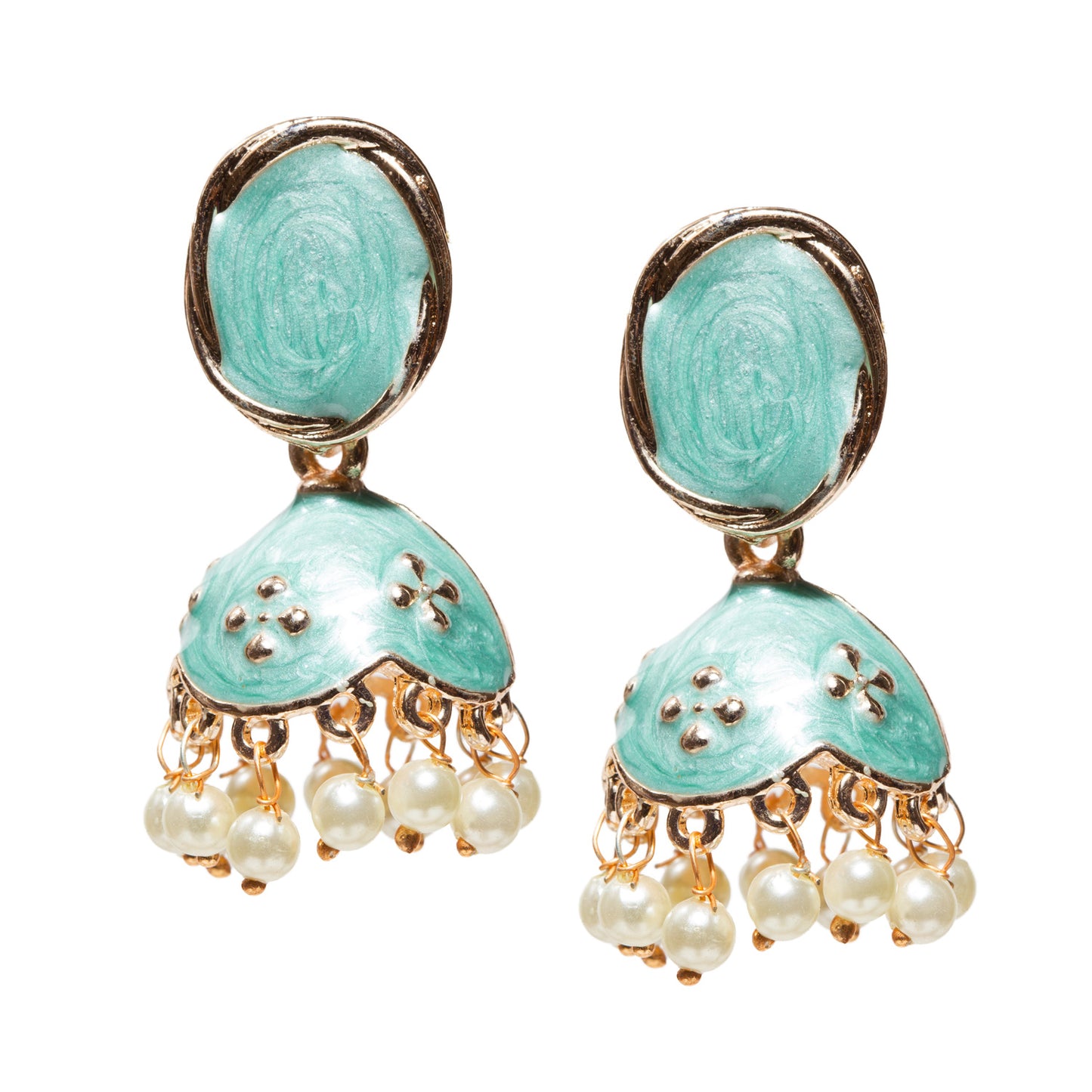  Bindhani-gold-plated-Beads-White-Meenakari-Turquoise-Blue-Small-Jhumki-women-girls