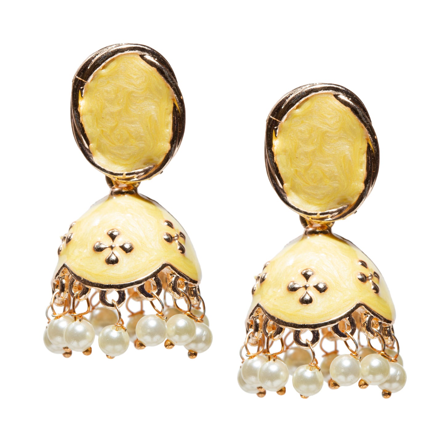 Bindhani-gold-plated-Beads-White-Meenakari-Yellow-Small-Jhumki-women-girls