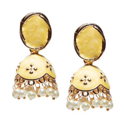 Bindhani-gold-plated-Beads-White-Meenakari-Yellow-Small-Jhumki-women-girls