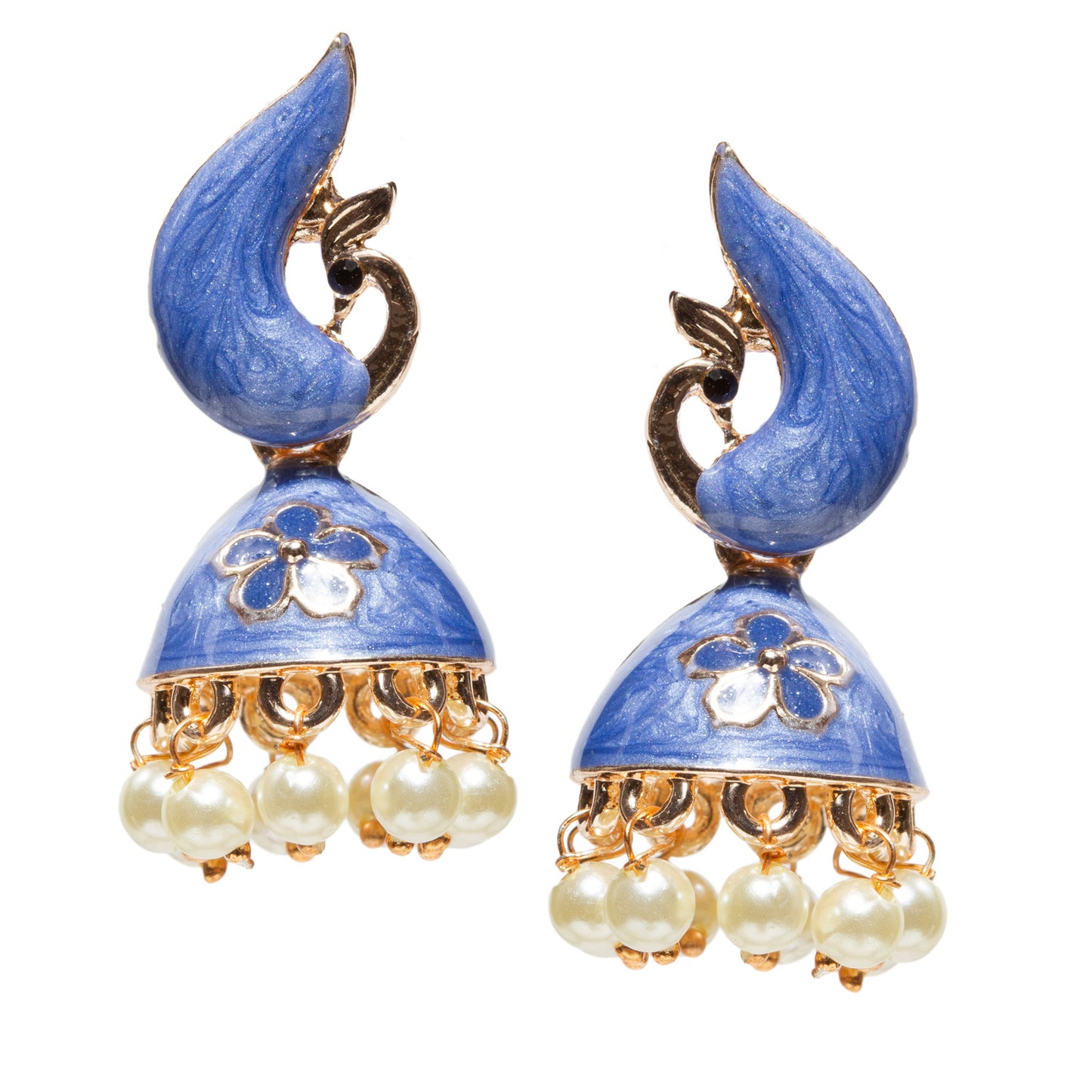 Bindhani-gold-plated-Beads-White-Stone-Meenakari-Peacock-Blue-Small-Jhumki-women-girls-Teenage