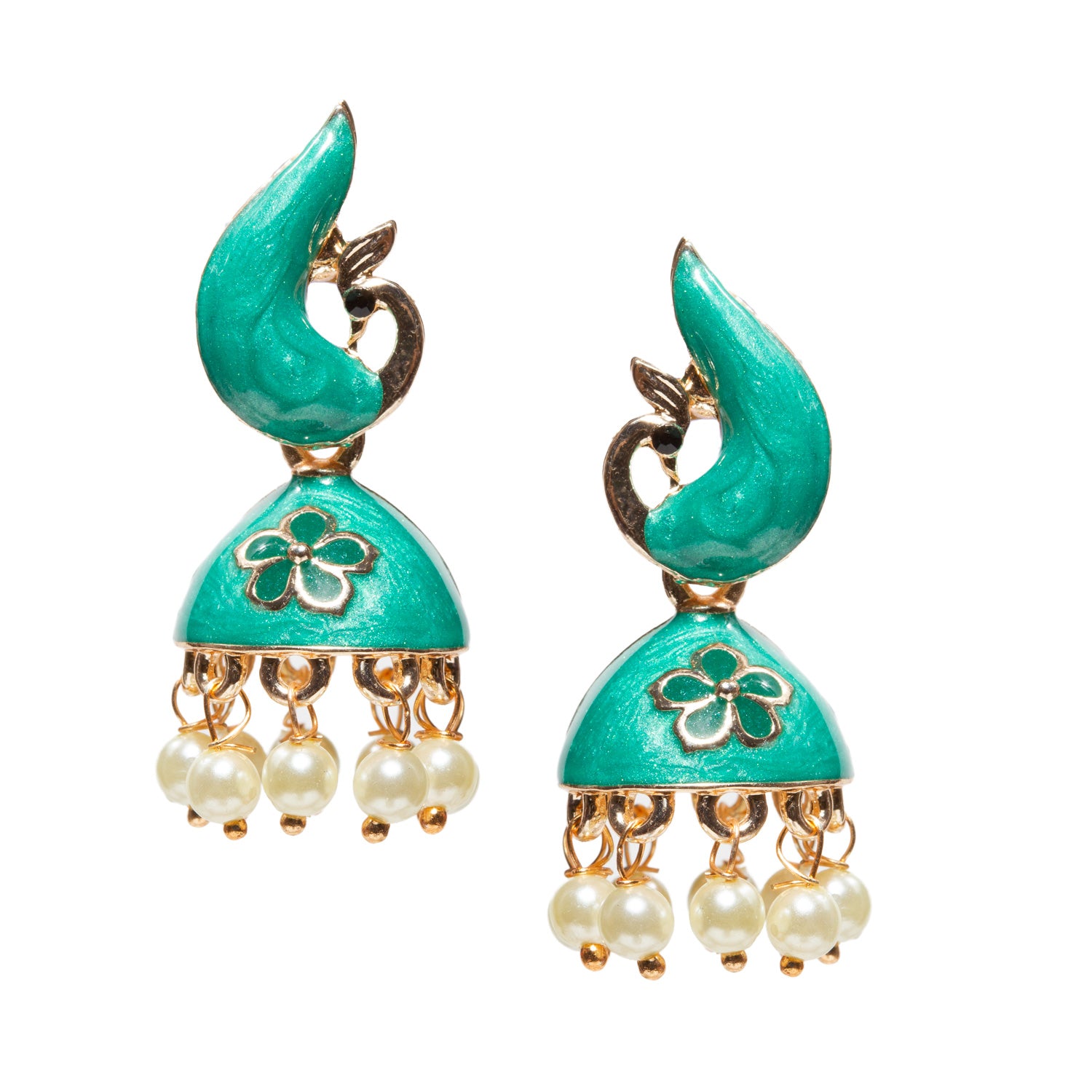 Pair of Bindhani gold-plated peacock jhumka earrings featuring light green Meenakari enamel work and floral motifs in green The earrings have a stylized peacock-shaped top connected to a dome-shaped jhumka adorned with delicate faux pearl drops. Traditional Indian ethnic jewelry with intricate detailing, suitable for festive occasions, weddings, and cultural celebrations.”
