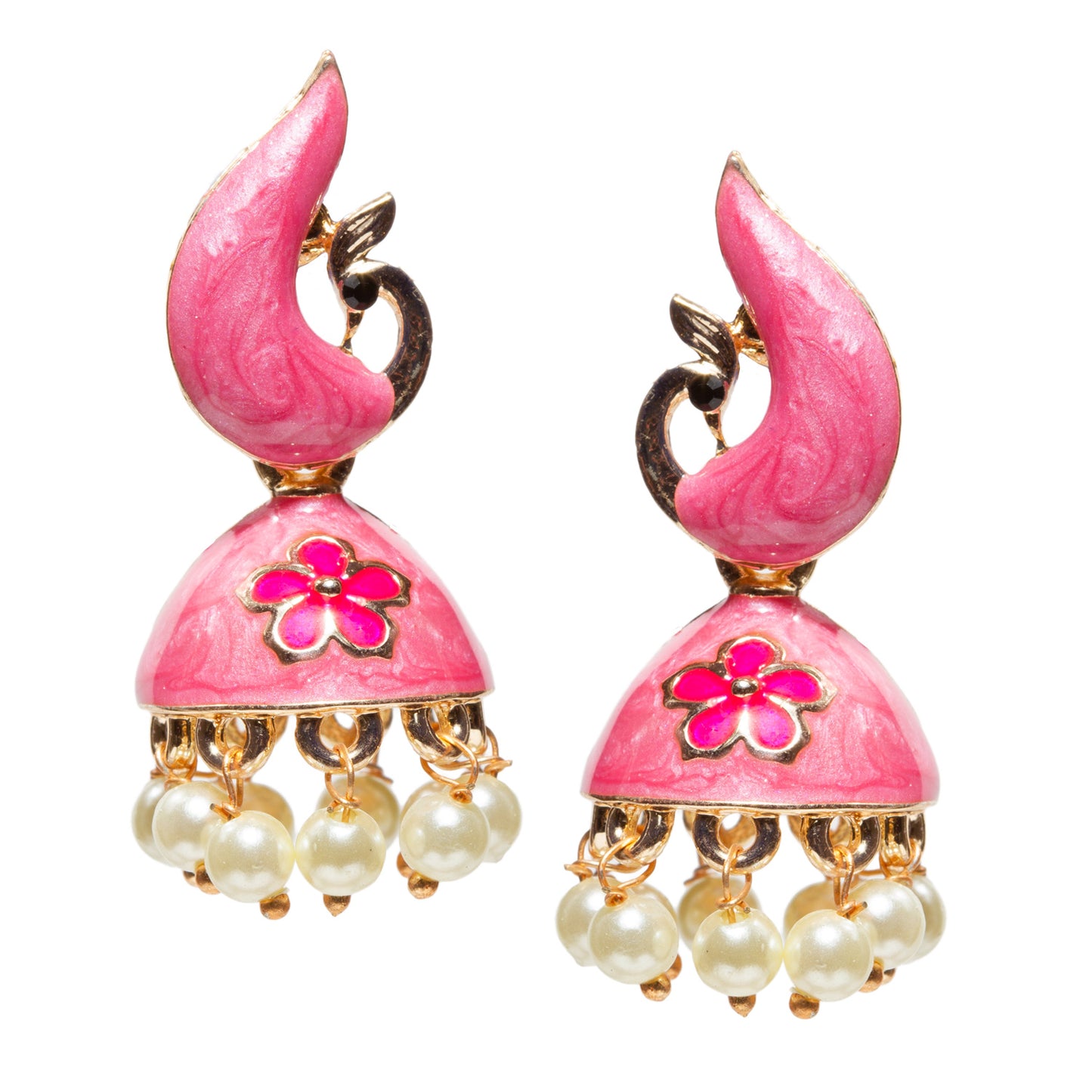 Bindhani-gold-plated-Beads-White-Stone-Meenakari-Peacock-Pink-Small-Jhumki-women-girls-Teenage