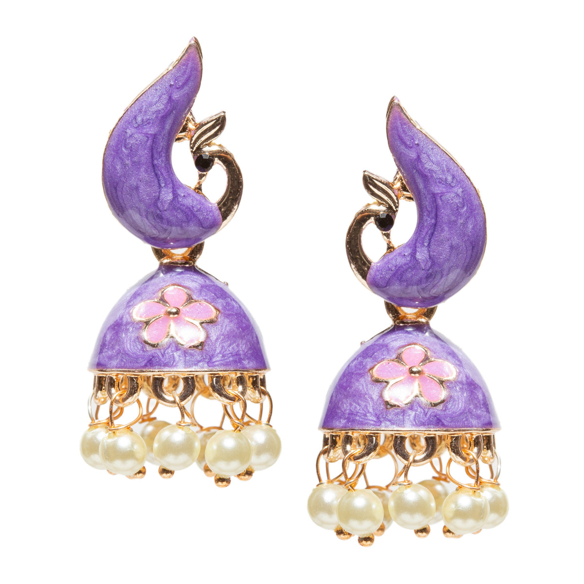Pair of Bindhani gold-plated peacock jhumka earrings featuring purple Meenakari enamel work and floral motifs in light purple The earrings have a stylized peacock-shaped top connected to a dome-shaped jhumka adorned with delicate faux pearl drops. Traditional Indian ethnic jewelry with intricate detailing, suitable for festive occasions, weddings, and cultural celebrations.”