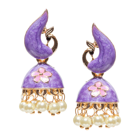 Pair of Bindhani gold-plated peacock jhumka earrings featuring purple Meenakari enamel work and floral motifs in light purple The earrings have a stylized peacock-shaped top connected to a dome-shaped jhumka adorned with delicate faux pearl drops. Traditional Indian ethnic jewelry with intricate detailing, suitable for festive occasions, weddings, and cultural celebrations.”