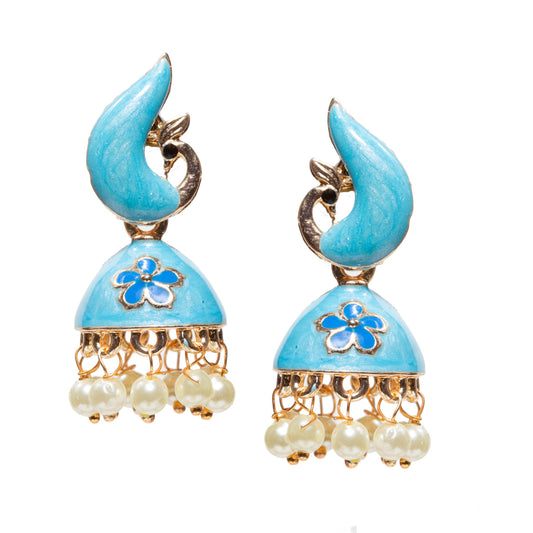 “Pair of Bindhani gold-plated peacock jhumka earrings featuring turquoise Meenakari enamel work and floral motifs in blue The earrings have a stylized peacock-shaped top connected to a dome-shaped jhumka adorned with delicate faux pearl drops. Traditional Indian ethnic jewelry with intricate detailing, suitable for festive occasions, weddings, and cultural celebrations.”